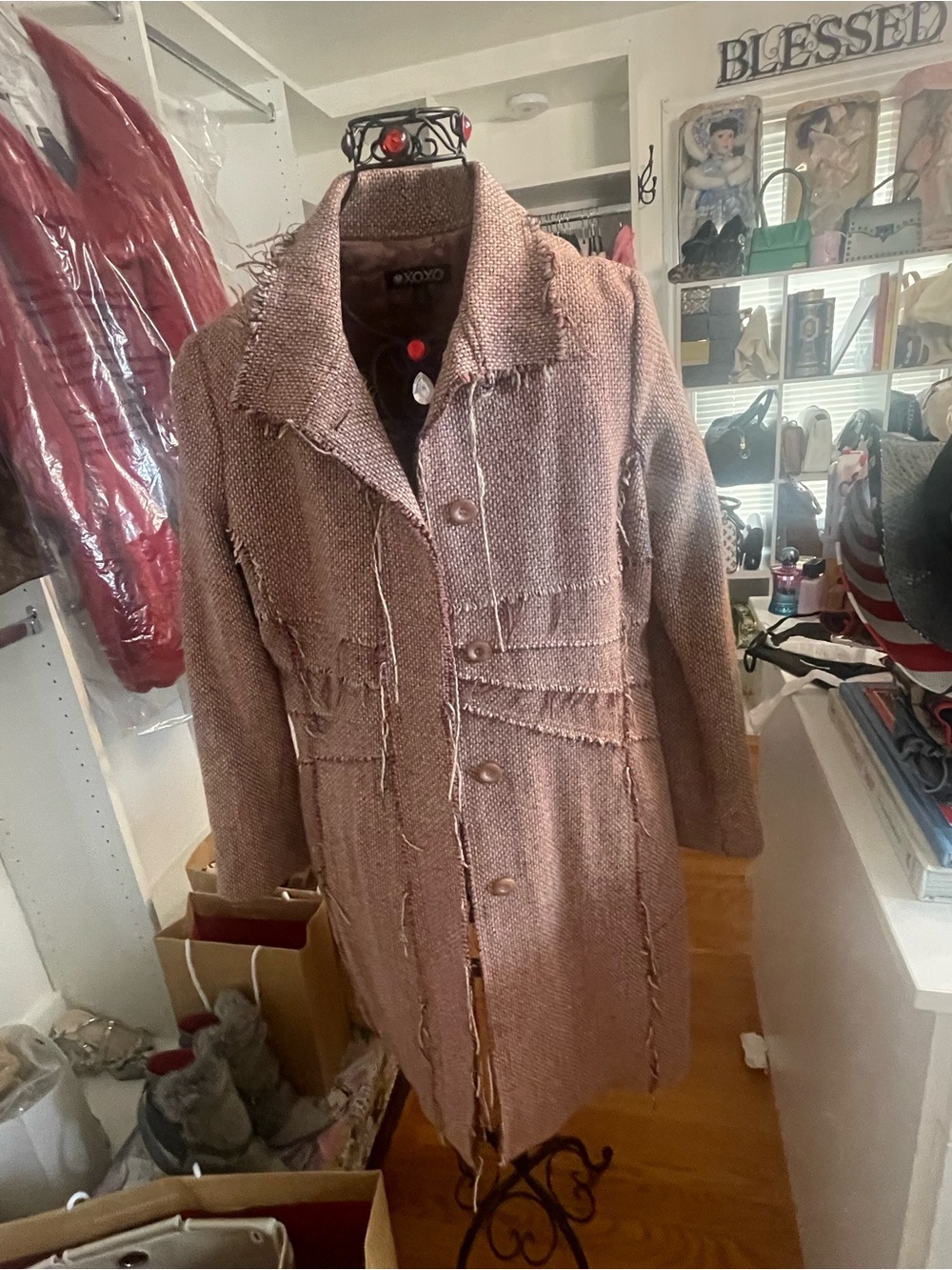 XOXO Women's Mauve Textured Fringe-Trim Trench Coat